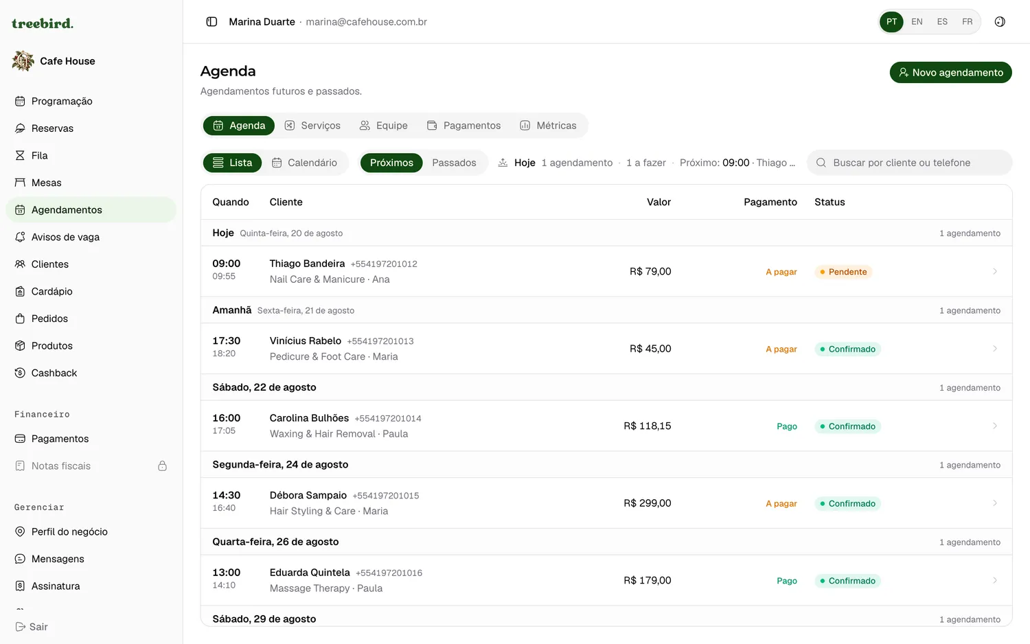 Agendamentos no painel do negócio