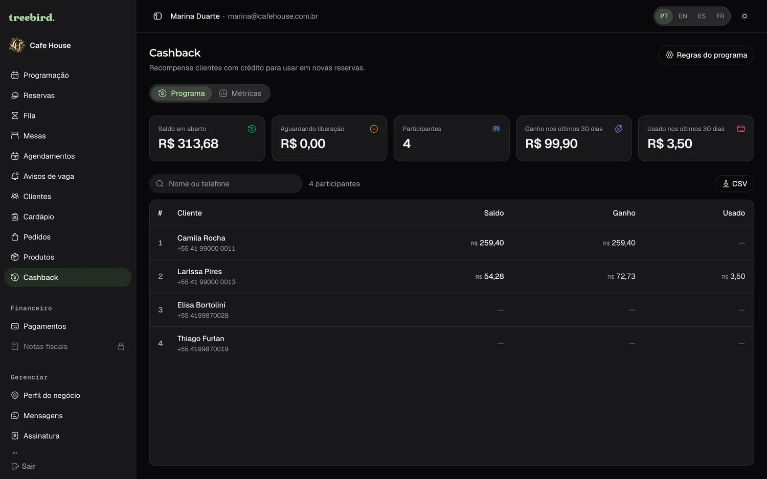 Cashback e fidelidade no painel do negócio