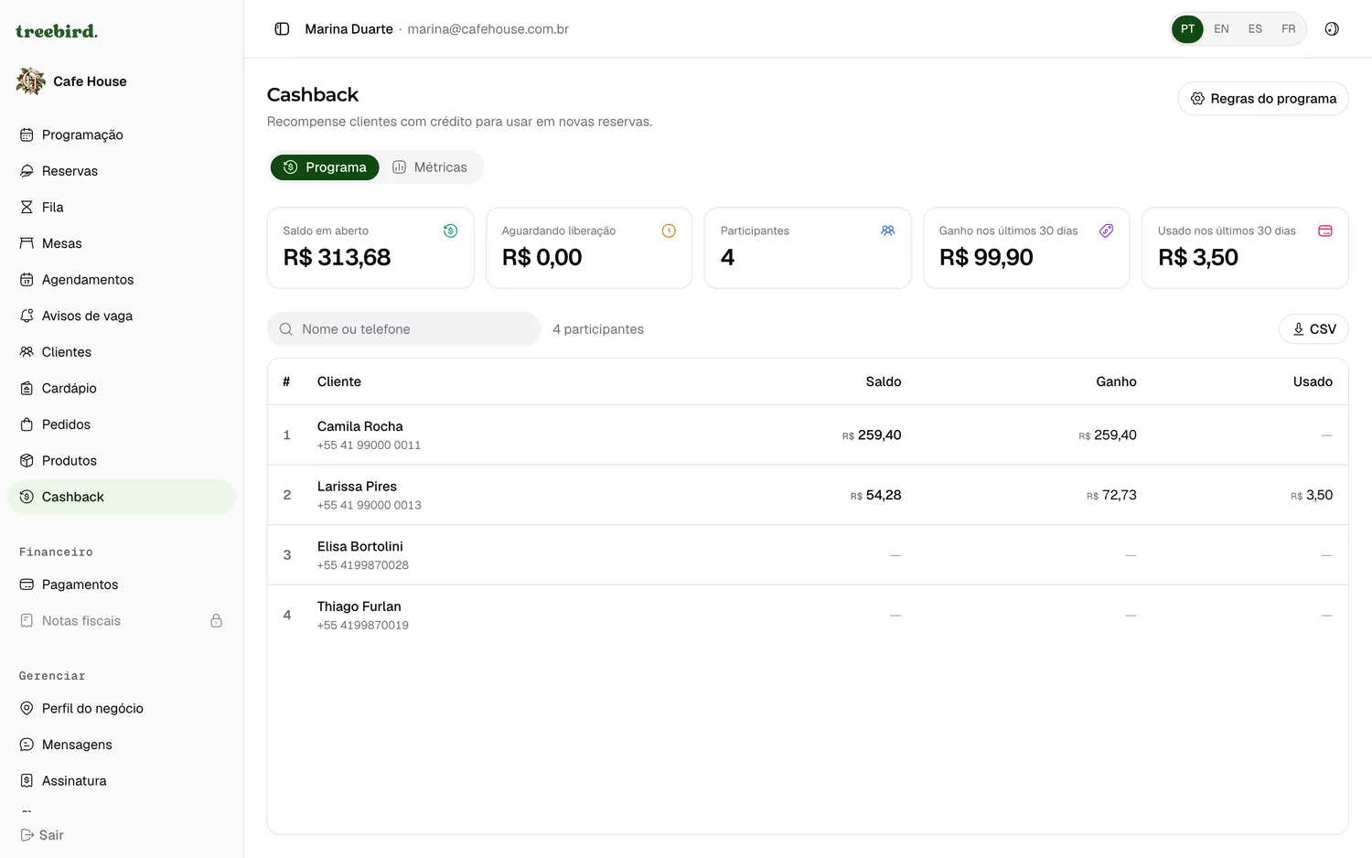 Cashback e fidelidade no painel do negócio