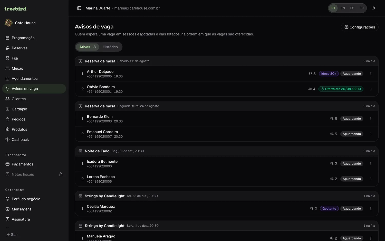 Lista de espera no painel do negócio