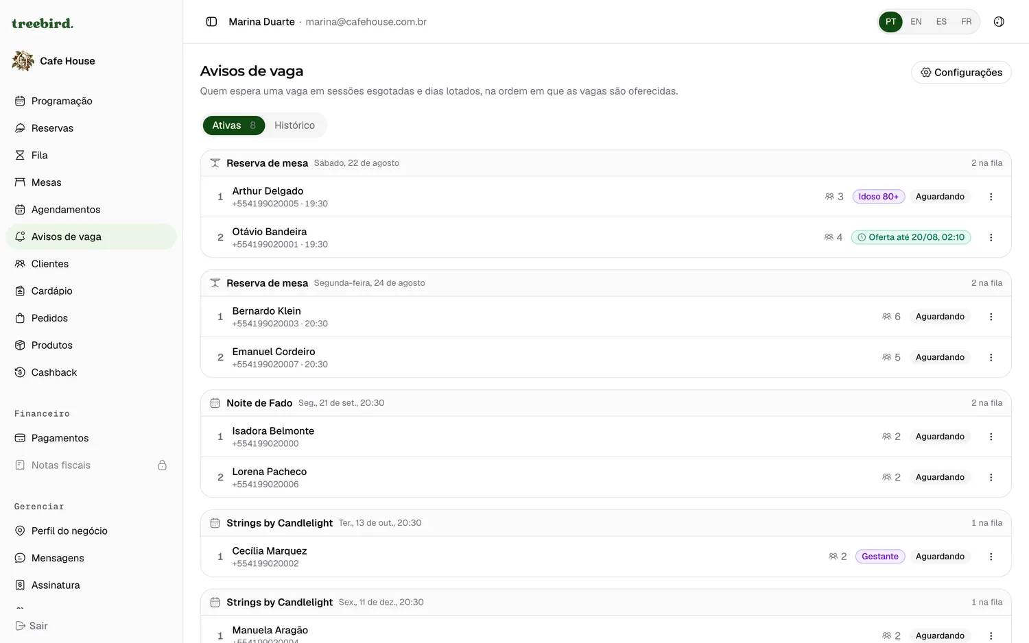 Lista de espera no painel do negócio