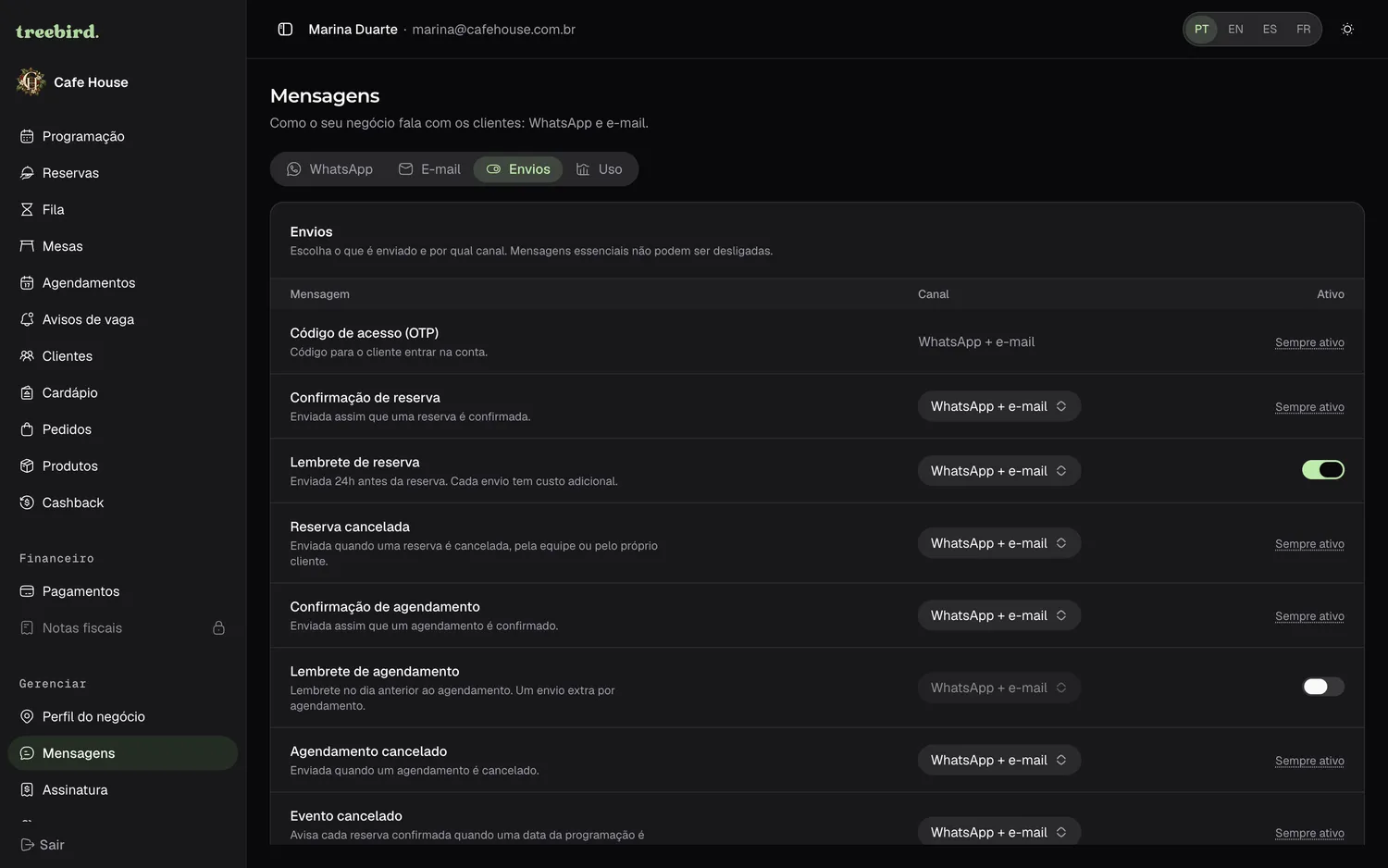 Mensagens no painel do negócio